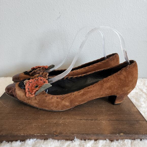 Prada Designer Kitten Heel Brown Suede Floral Pumps Women's Size 40 - Picture 5 of 14